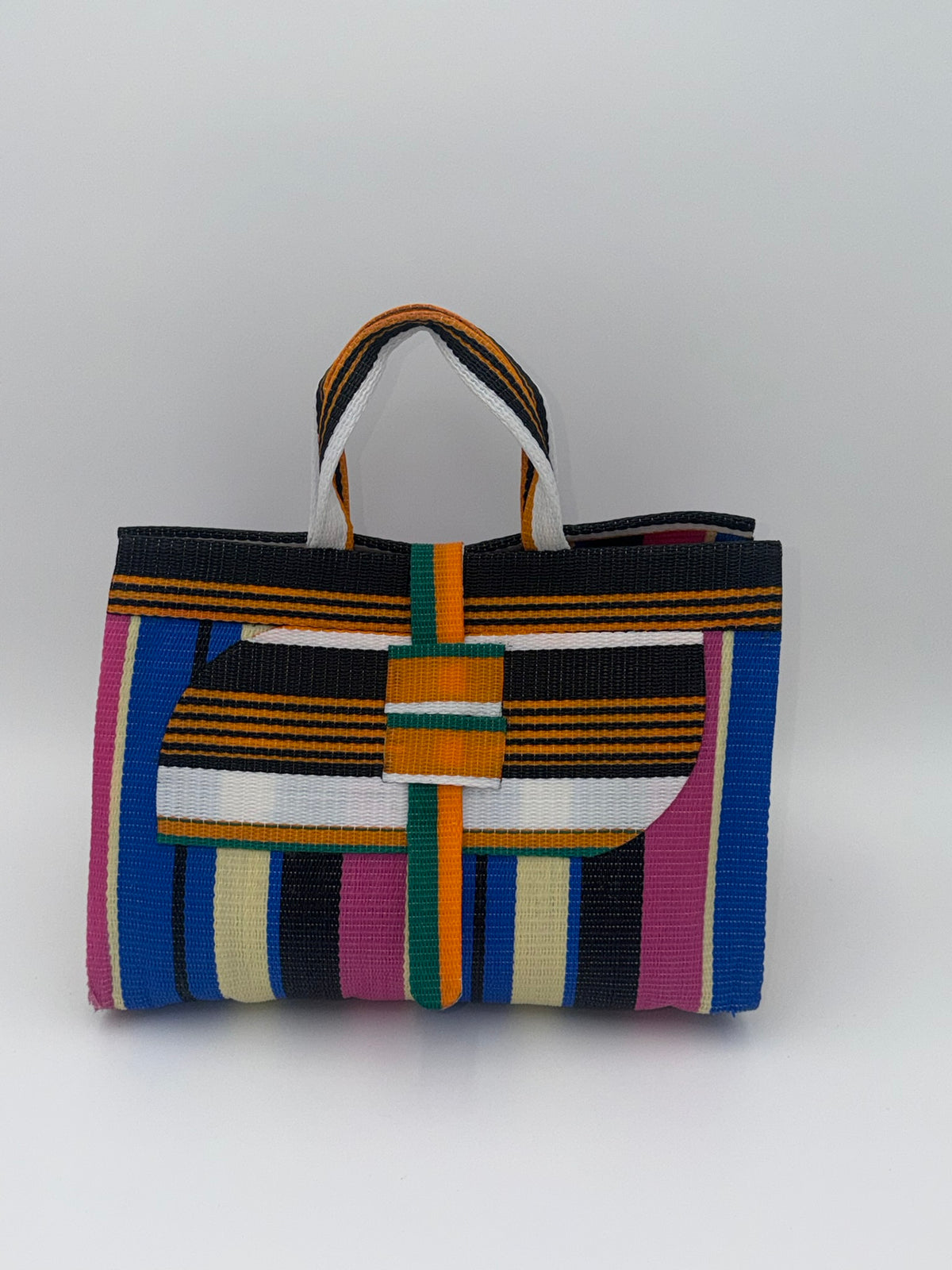 Candy Large handwoven tote bag by SCRUBIES in Pink,Blue,Vream,Orange,Black,White with Stripes design and Almond accent pattern