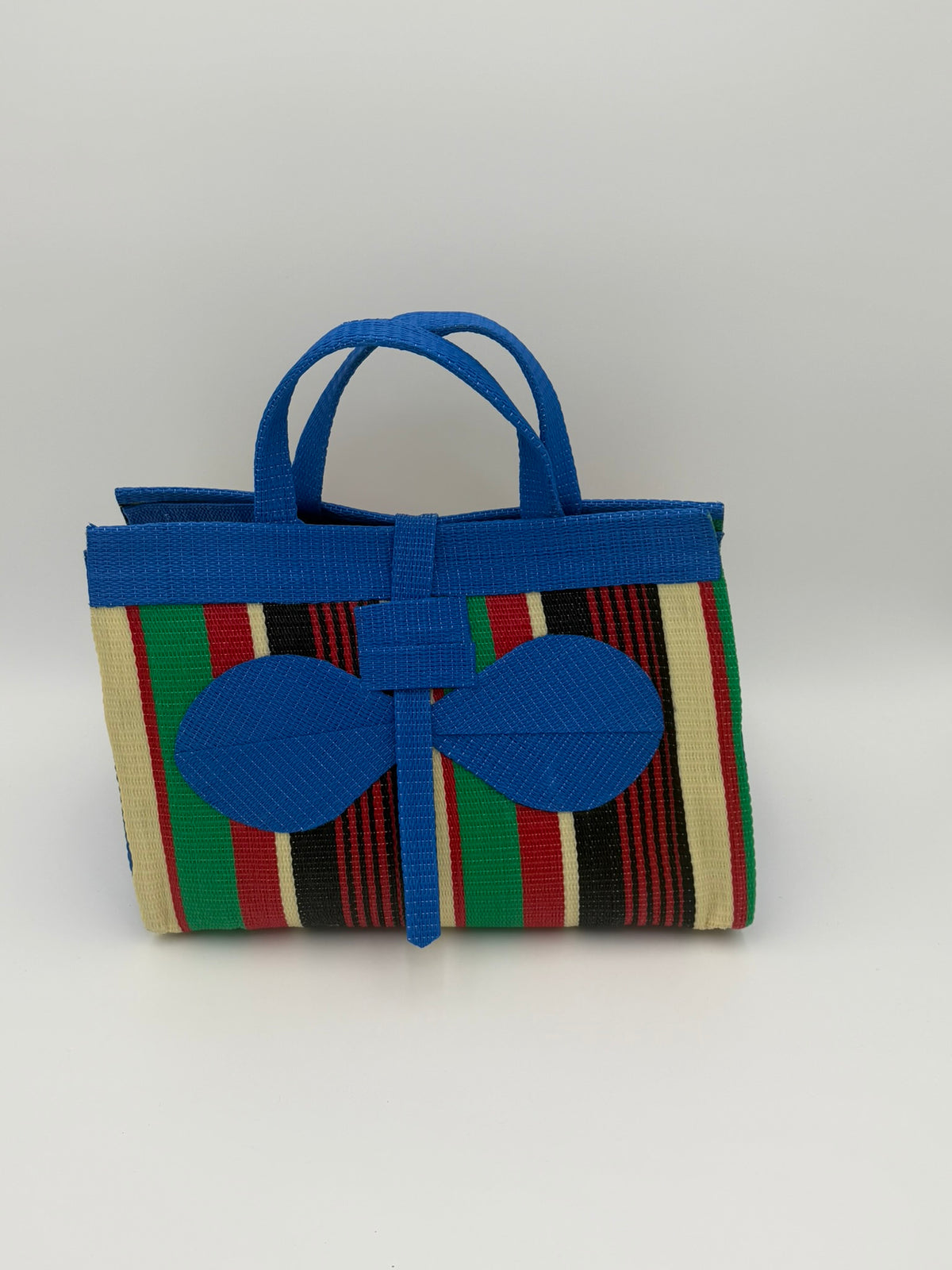 Africana Large handwoven tote bag by SCRUBIES in Blue,Beige,Green,Red,Black with Stripes design and Bow accent pattern