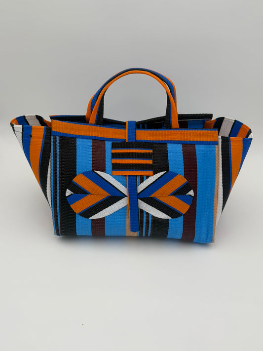 Boho Large handwoven tote bag by SCRUBIES in Orange,Blue,Wine,Black with Stripes design and Bow accent pattern