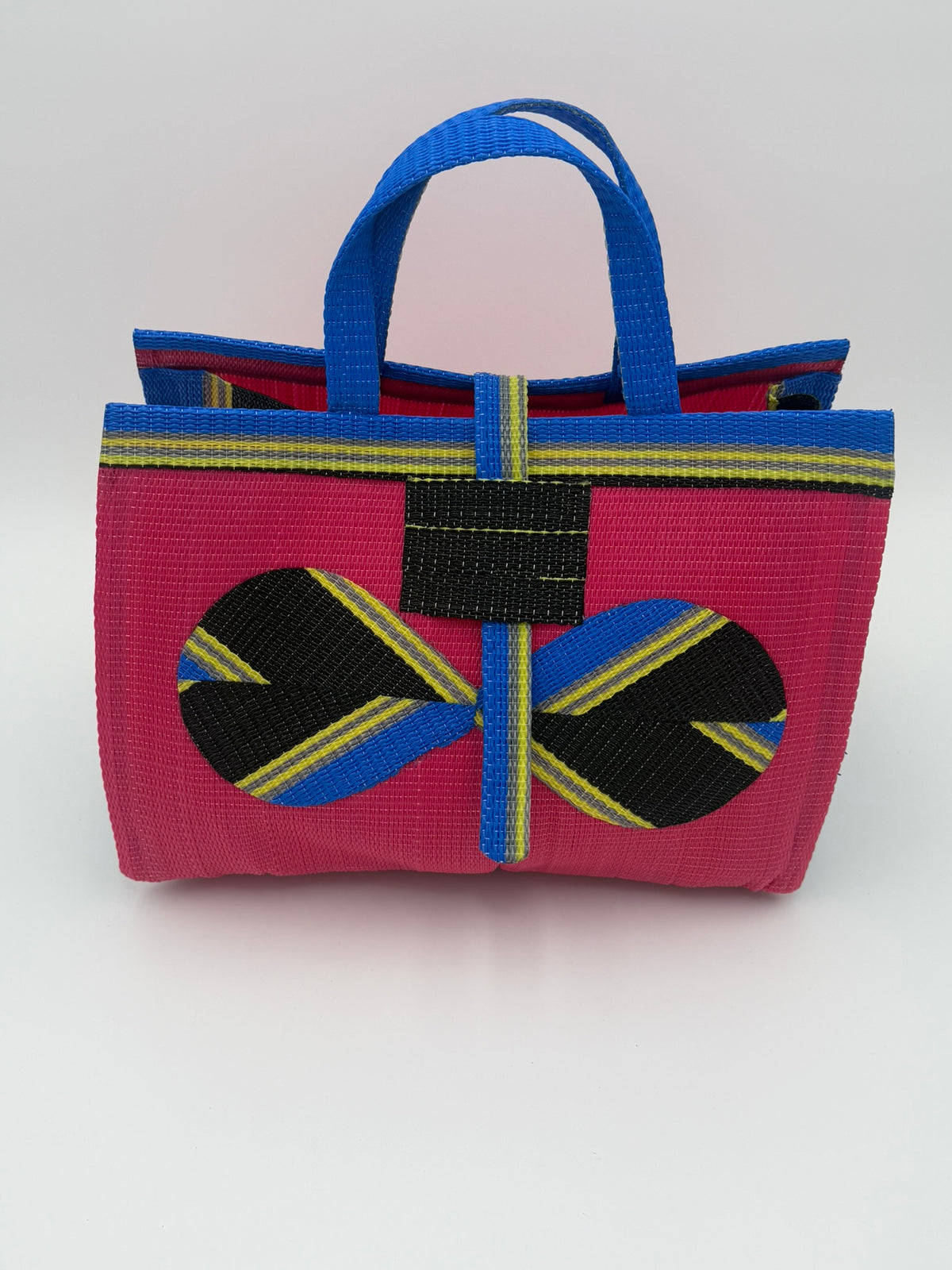 Candy Large handwoven tote bag by SCRUBIES in Pink,Black,Blue,Yellow with Solid design and Bow accent pattern
