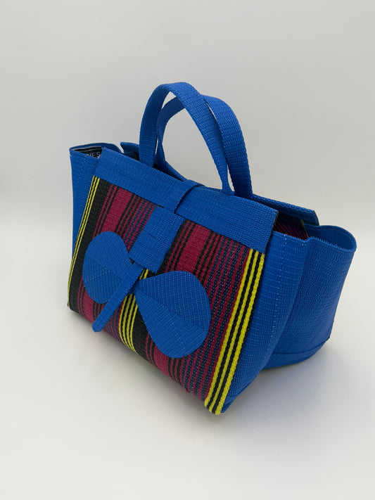 Winery Large handwoven tote bag by SCRUBIES in Blue,Wine,Yellow,Black with Stripes design and Bow accent pattern