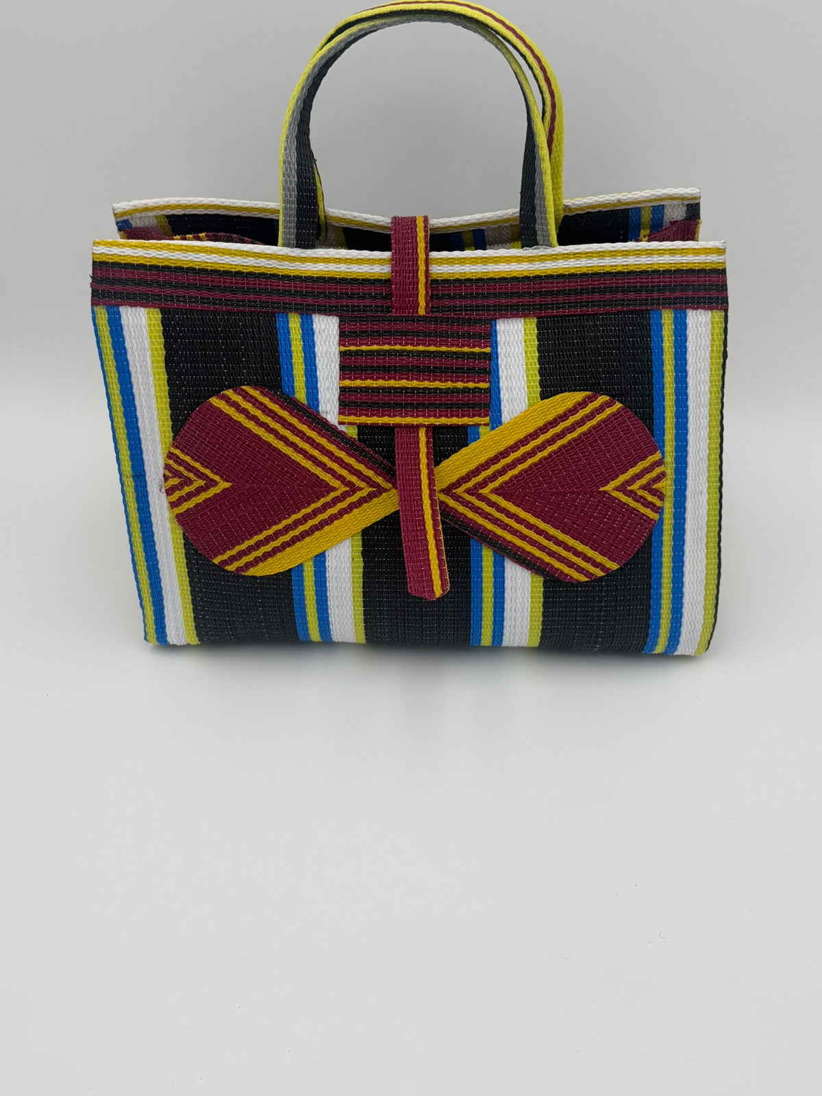 Midnight Large handwoven tote bag by SCRUBIES in Black,White,Wine,Yellow with Stripes design and Bow accent pattern
