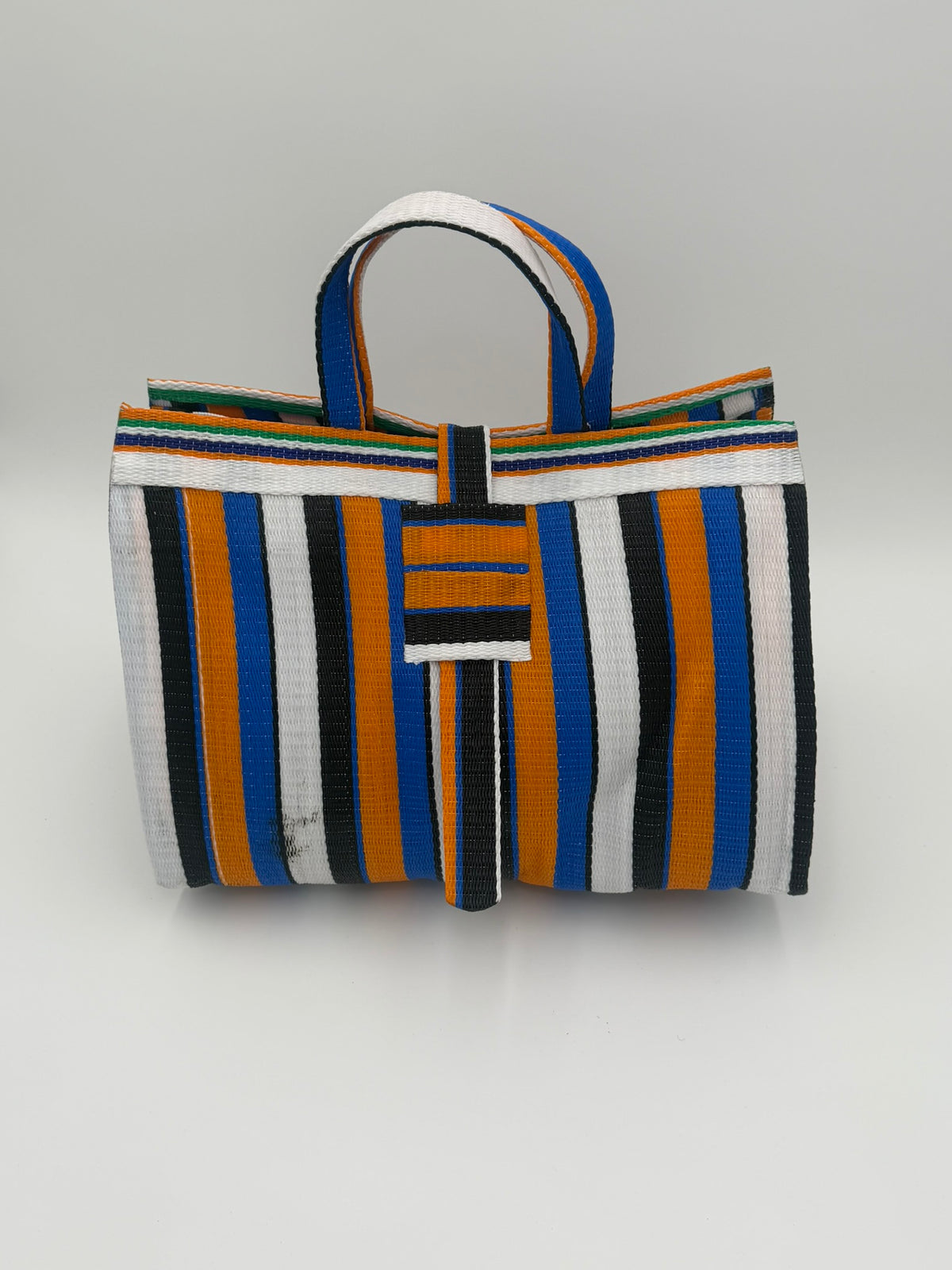 Sunshine Large handwoven tote bag by SCRUBIES in Blue,White,Orange,Black with Stripes design and None accent pattern