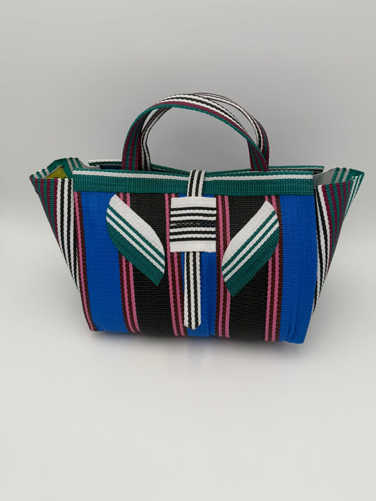 Berry Large handwoven tote bag by SCRUBIES in Blue,Black,Pink,Green,White with Stripes design and Leaf accent pattern