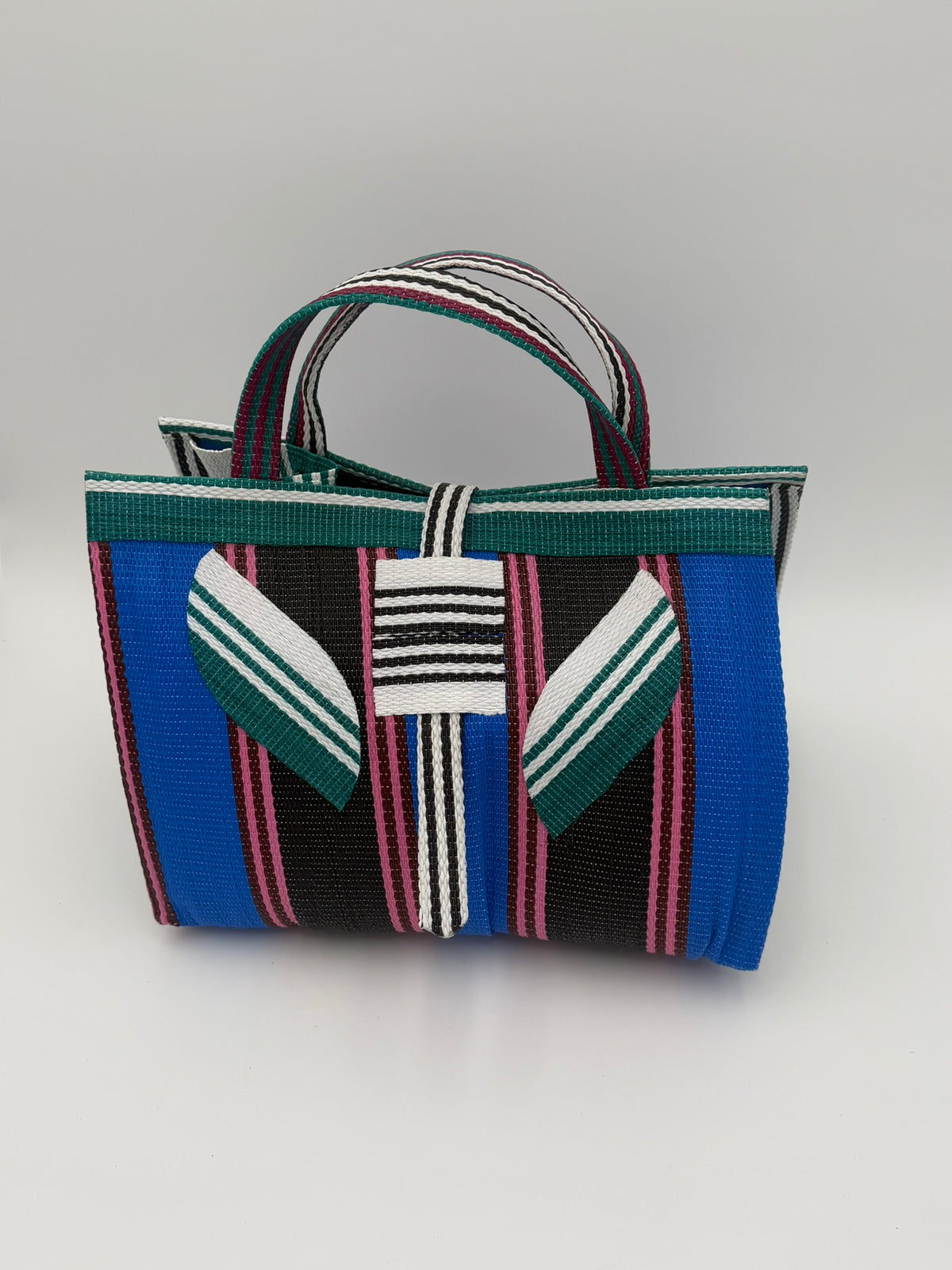 Berry Large handwoven tote bag by SCRUBIES in Blue,Black,Pink,Green,White with Stripes design and Leaf accent pattern