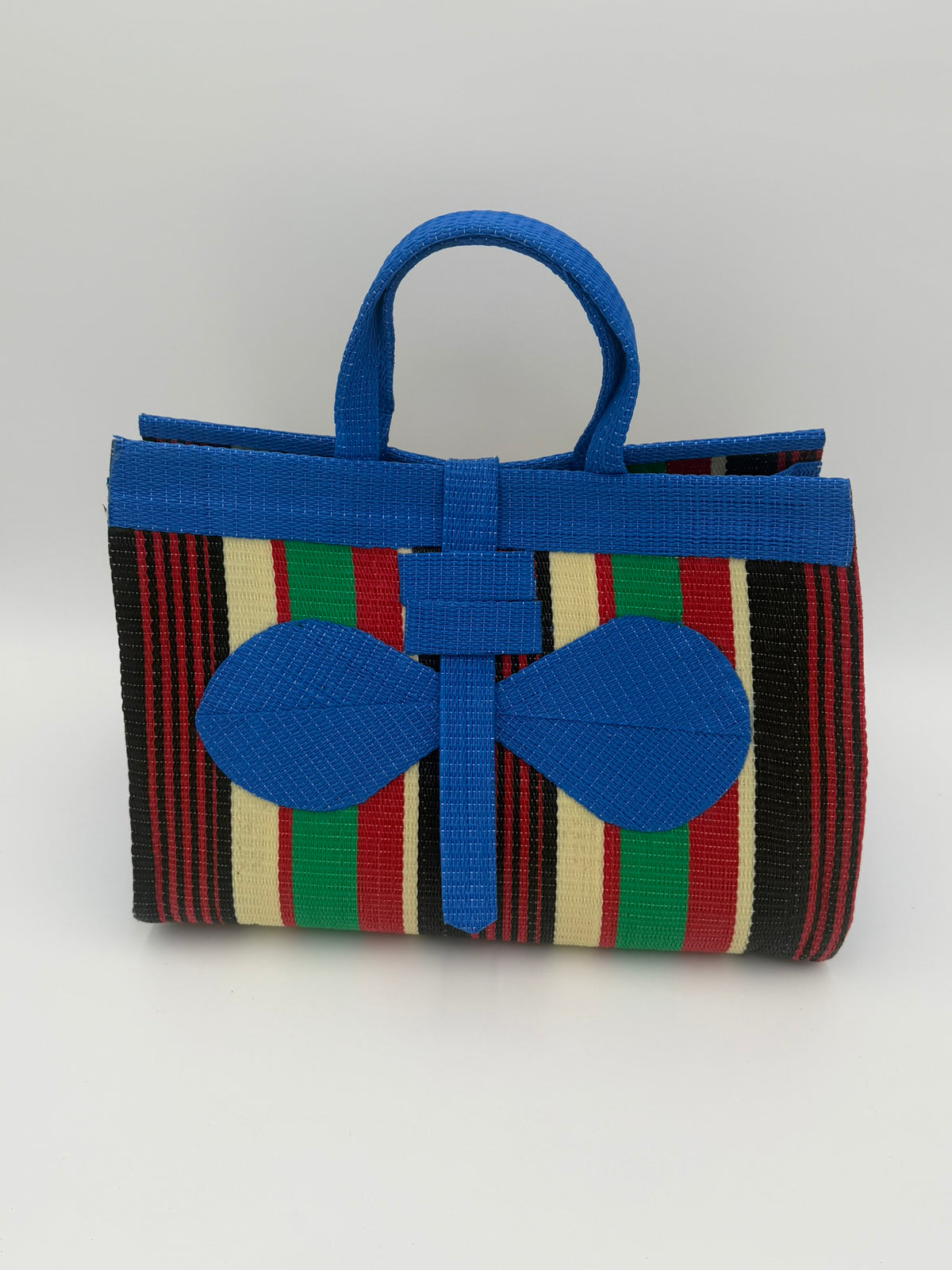 Africana Large handwoven tote bag by SCRUBIES in Blue,Red,Green,Black,Cream with Stripes design and Bow accent pattern