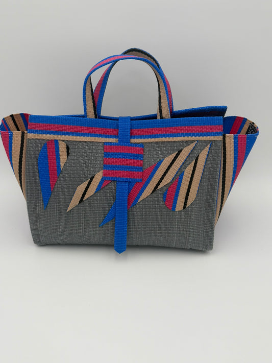 Metallic Large handwoven tote bag by SCRUBIES in Grey,Pink,Blue,Beige with Solid design and Abstract accent pattern