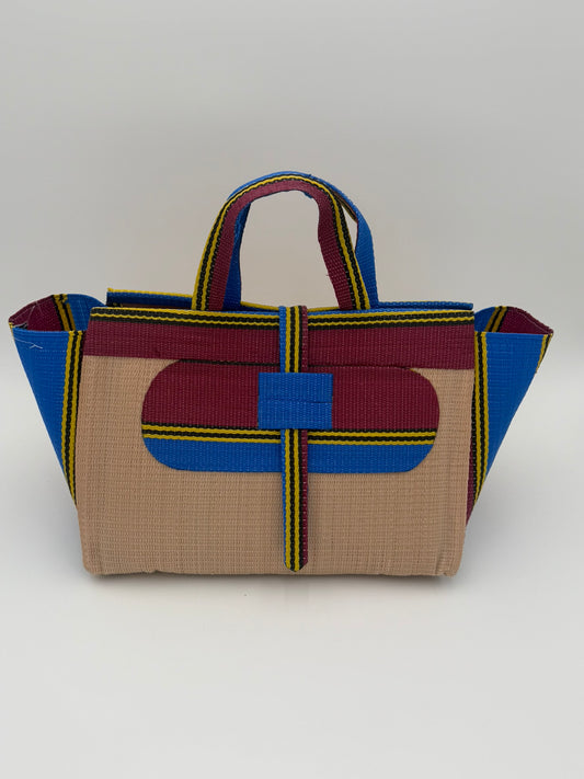 Beige Large handwoven tote bag by SCRUBIES in Beige,Wine,Blue,Yellow with Solid design and Oval accent pattern