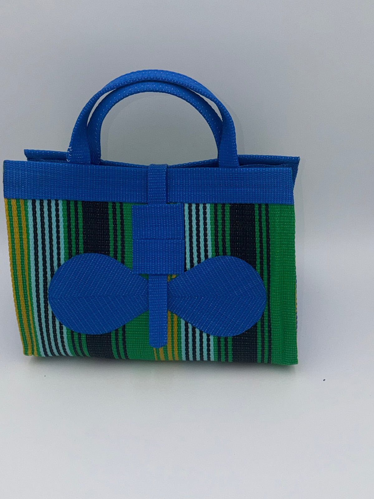 Lagoon Large handwoven tote bag by SCRUBIES in Blue,Green,Teal,Yellow,Black with Stripes design and Bow accent pattern
