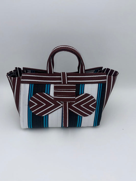 Pearl Large handwoven tote bag by SCRUBIES in Black,White,Wine,Blue with Stripes design and Bow accent pattern