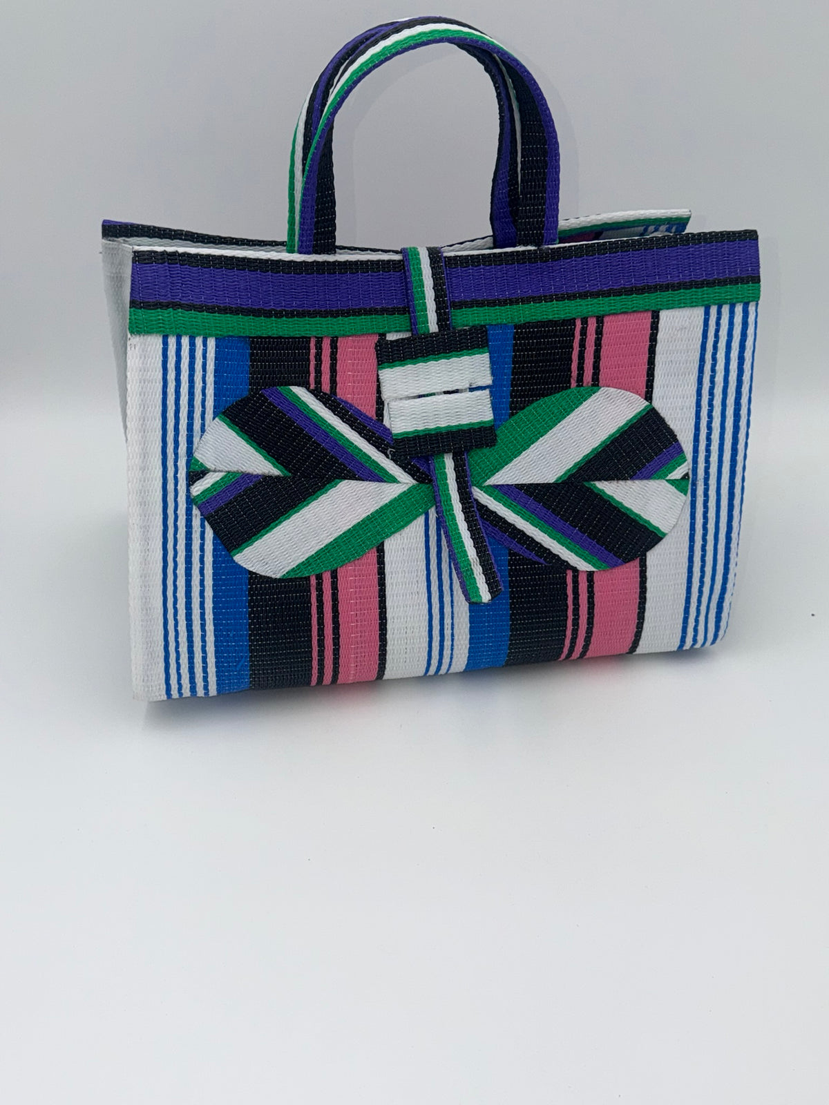 Emerald Large handwoven tote bag by SCRUBIES in Green,White,Black,Purple,Pink with Stripes design and Bow accent pattern