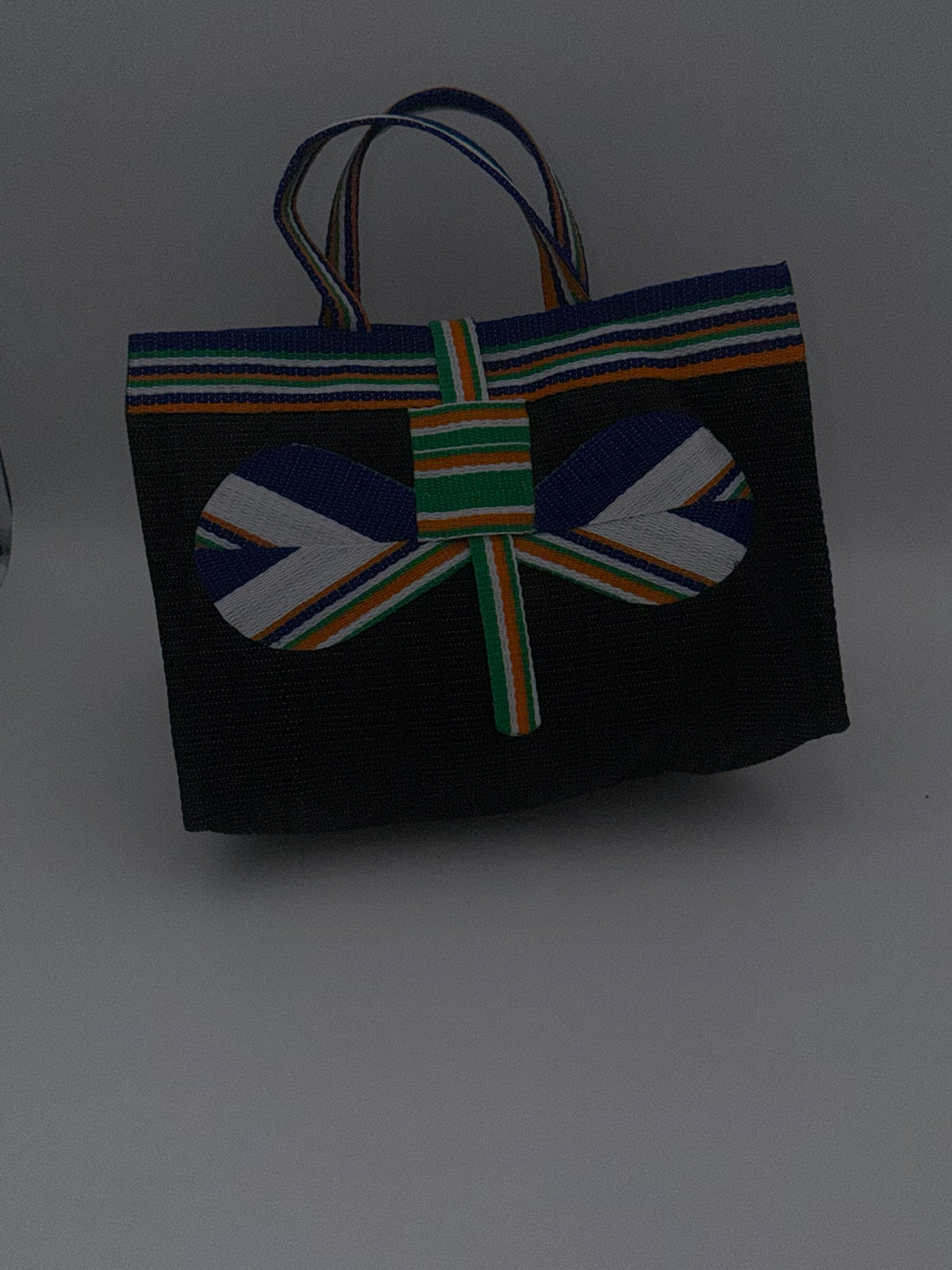 Midnight Large handwoven tote bag by SCRUBIES in Black,White,Orange,Blue with Solid design and Bow accent pattern