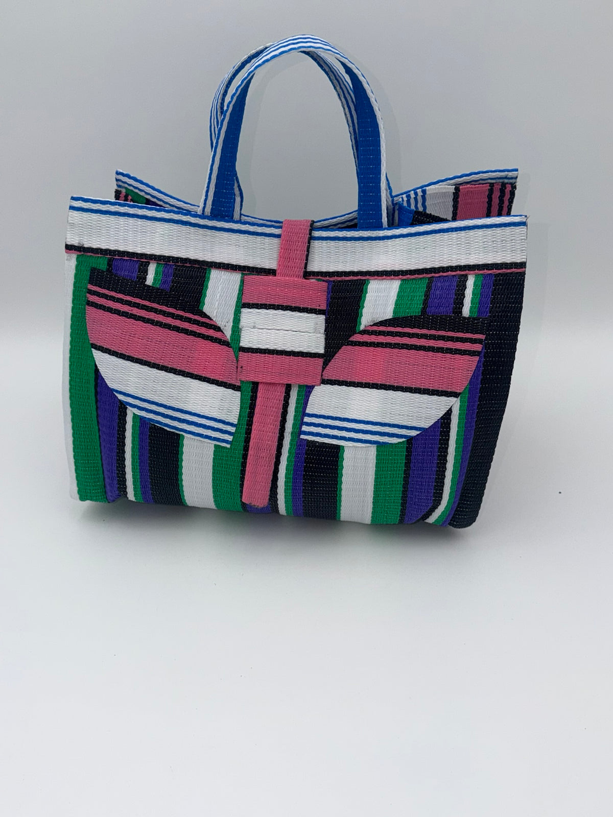 Emerald Large handwoven tote bag by SCRUBIES in Green,White,Black,Purple,Pink with Stripes design and Leaf accent pattern