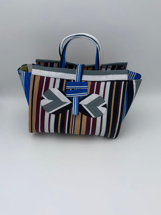 Woodland Large handwoven tote bag by SCRUBIES in Beige,Wine,White,Grey,Black with Stripes design and Bow accent pattern