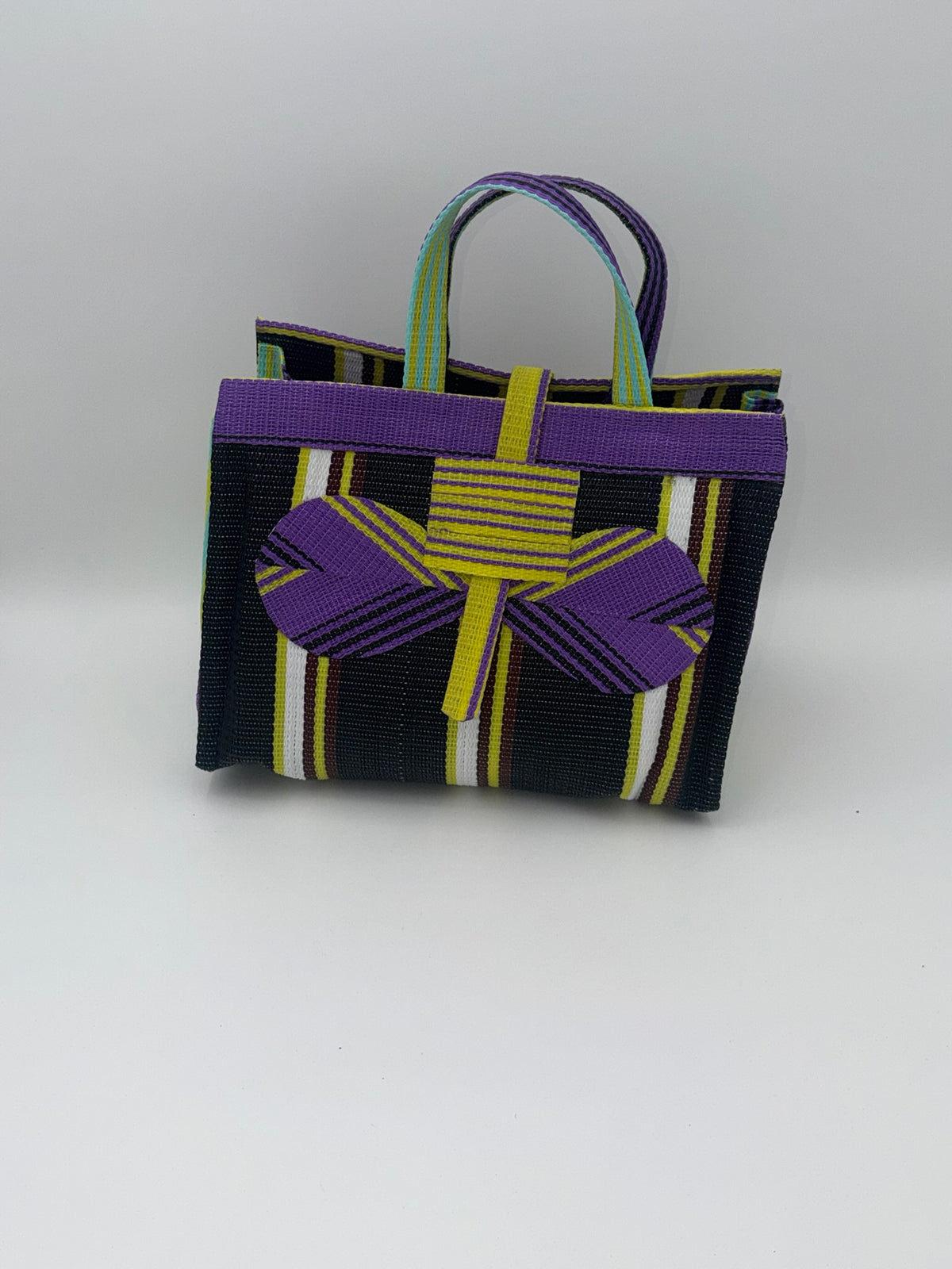 Midnight Large handwoven tote bag by SCRUBIES in Black,Purple,Yellow,White with Stripes design and Bow accent pattern