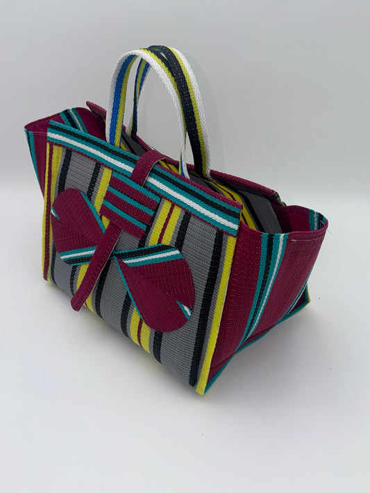 Carbon Large handwoven tote bag by SCRUBIES in Wine,Yellow,Grey,Teal with Stripes design and Bow accent pattern
