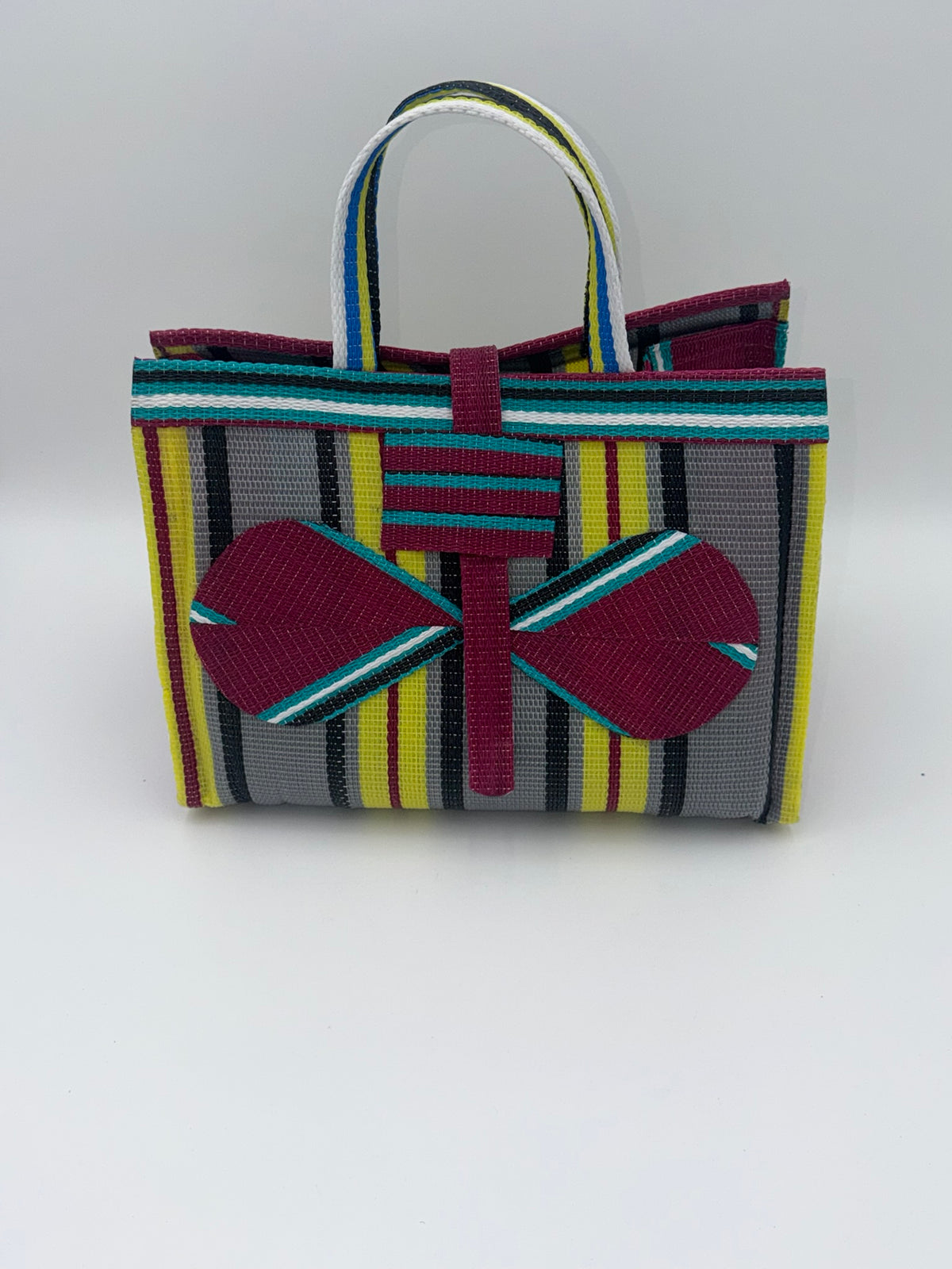 Carbon Large handwoven tote bag by SCRUBIES in Wine,Yellow,Grey,Teal with Stripes design and Bow accent pattern