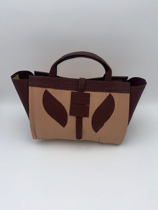 Caramel Large handwoven tote bag by SCRUBIES in Beige,Brown with Solid design and Leaf accent pattern