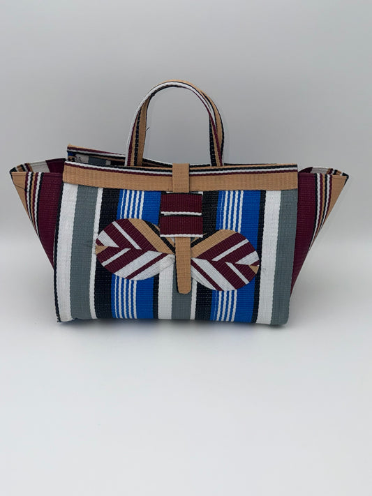Berry Large handwoven tote bag by SCRUBIES in Beige,White,Grey,Black,Wine with Stripes design and Bow accent pattern