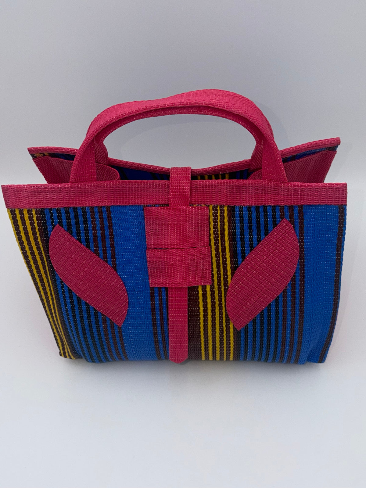 Berry Large handwoven tote bag by SCRUBIES in Pink,Blue,Yellow with Stripes design and Leaf accent pattern