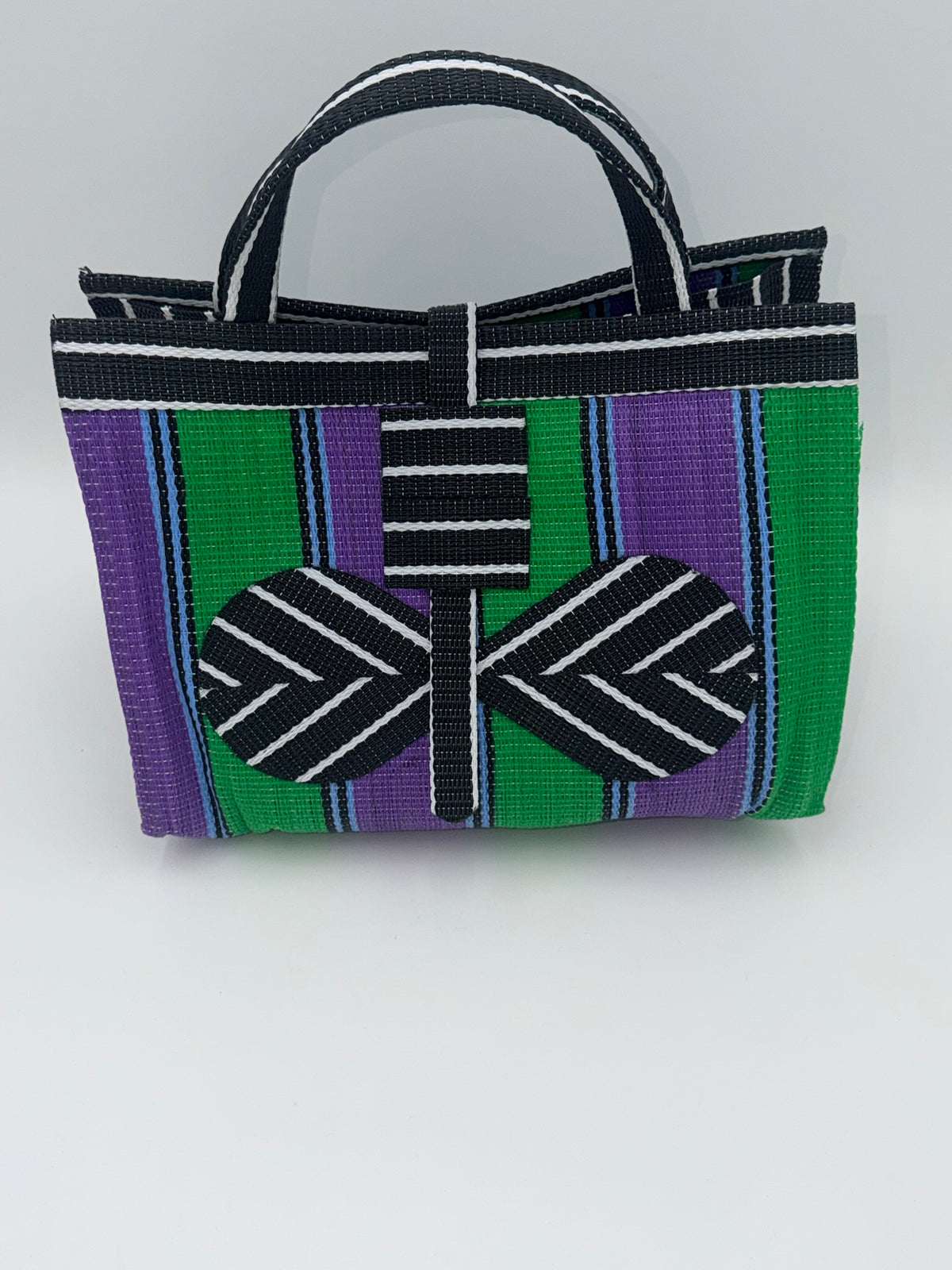 Lavender Large handwoven tote bag by SCRUBIES in Black,White,Green,Purple with Stripes design and Bow accent pattern