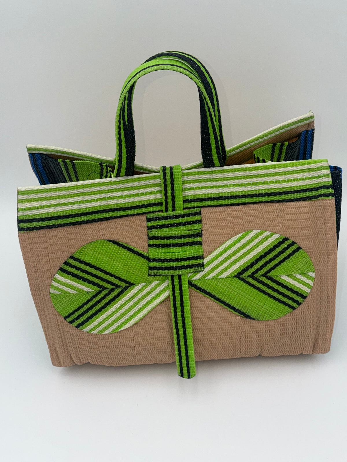 Beige Large handwoven tote bag by SCRUBIES in Beige,Green,White,Blue with Solid design and Bow accent pattern