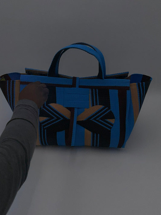 Boho Large handwoven tote bag by SCRUBIES in Blue,Beige,Black,Wine with Stripes design and Bow accent pattern