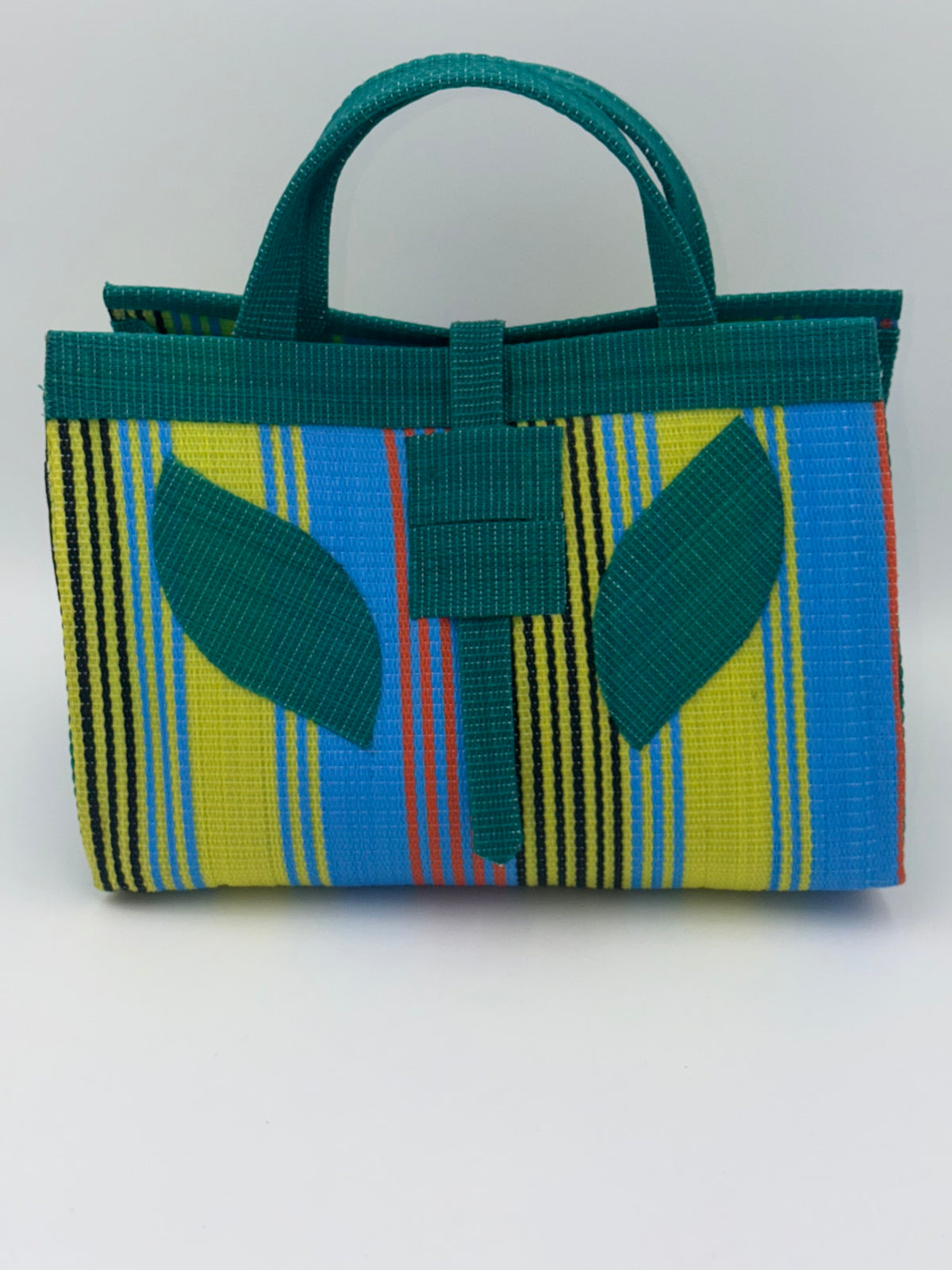 Citrus Large handwoven tote bag by SCRUBIES in Green,Yellow,Blue with Stripes design and Leaf accent pattern