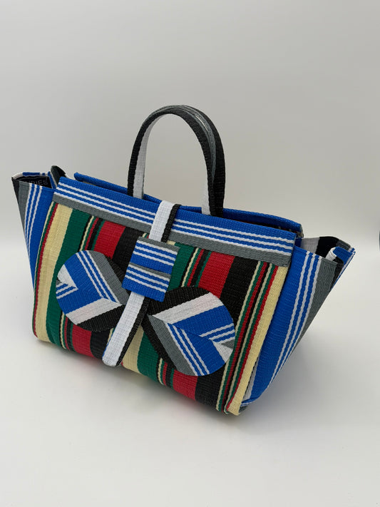 Regal Large handwoven tote bag by SCRUBIES in Blue,Cream,Green,Red,Black with Stripes design and Bow accent pattern