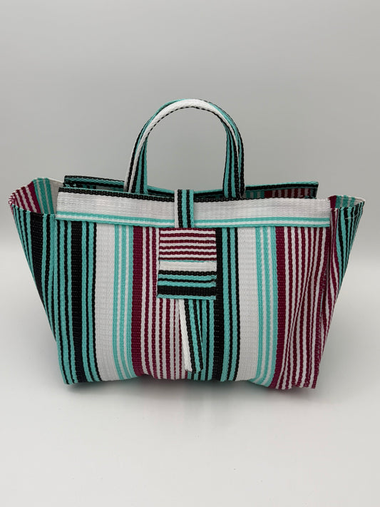 Pearl Large handwoven tote bag by SCRUBIES in White,Teal,Red, with Stripes design and None accent pattern