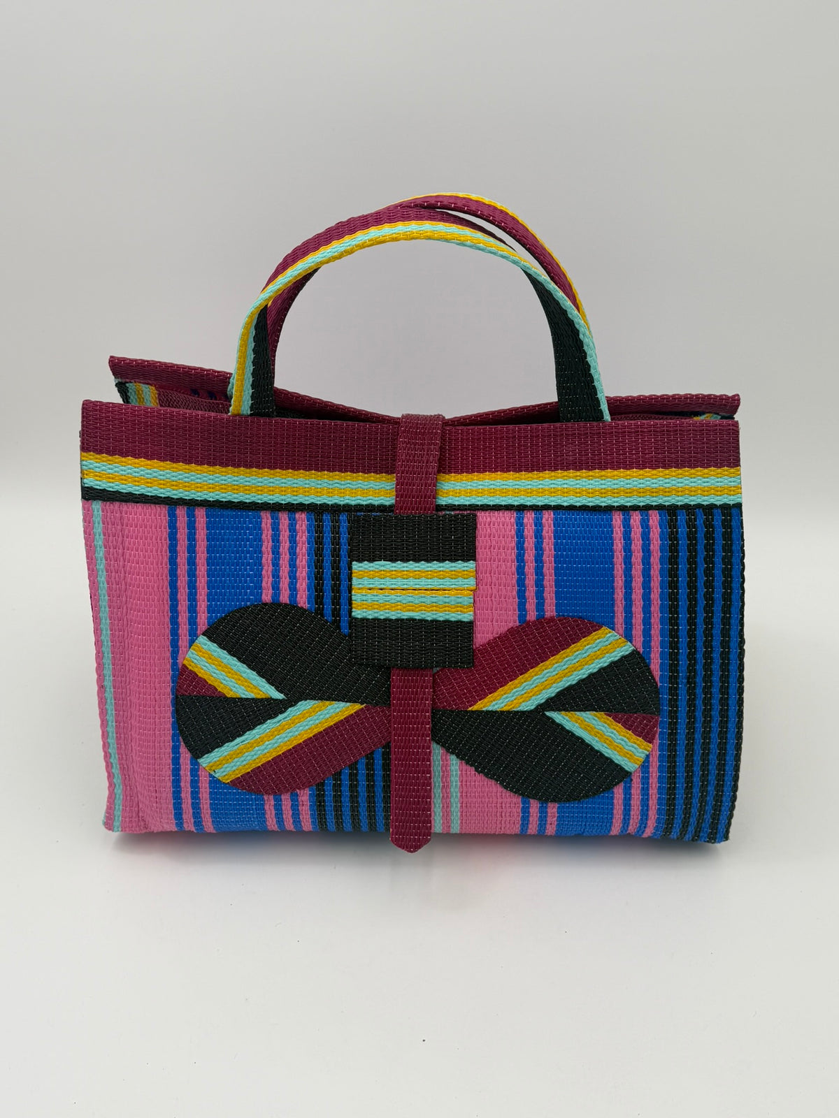 Candy Large handwoven tote bag by SCRUBIES in Pink,Blue,Wine,Black, with Stripes design and Bow accent pattern