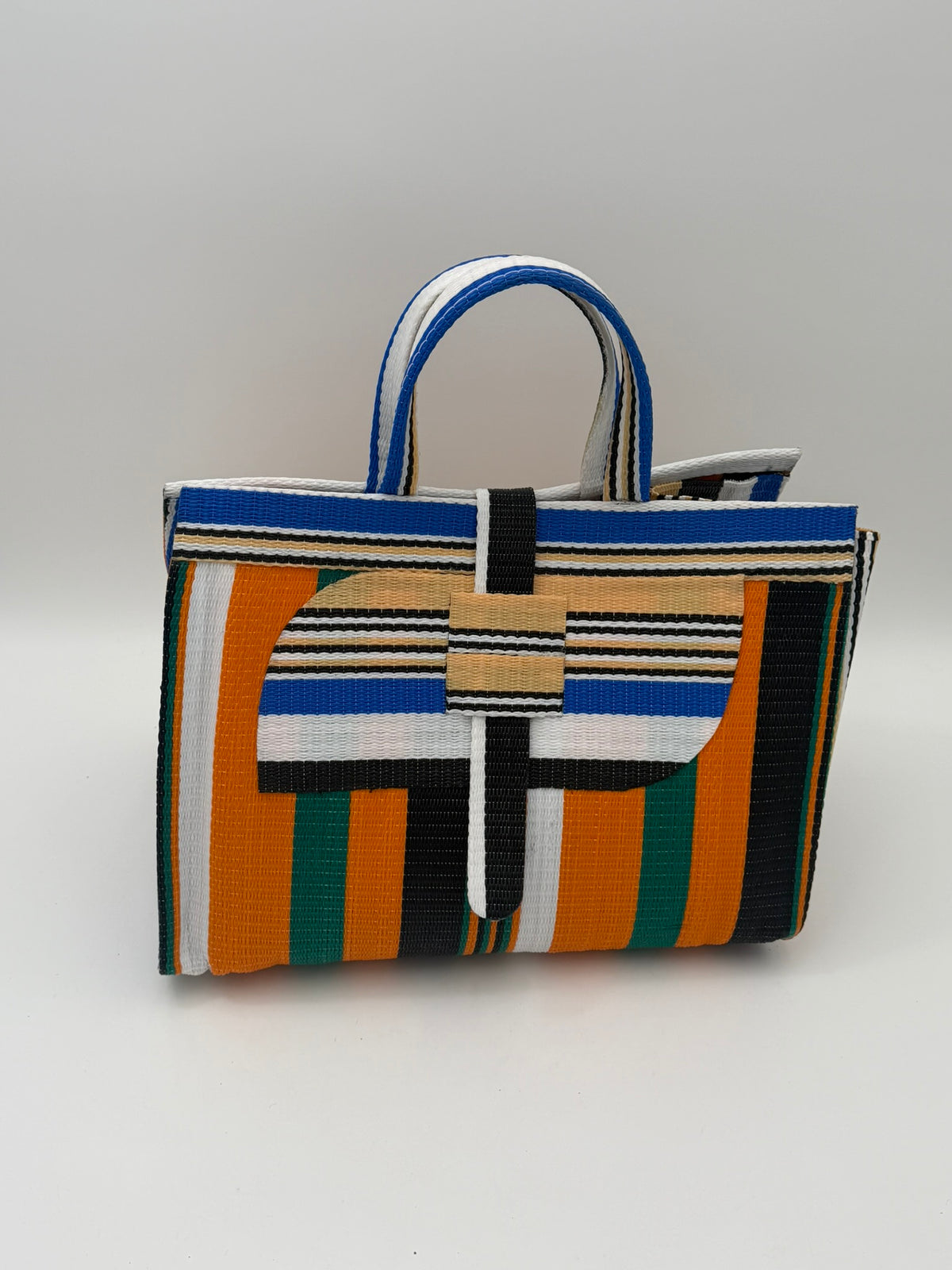 Citrus Large handwoven tote bag by SCRUBIES in Orange,Beige,White,Black,Green with Stripes design and Almond accent pattern