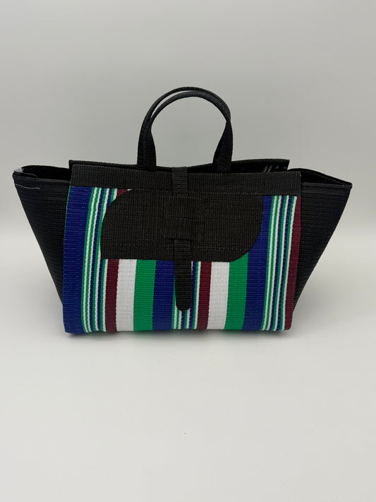 Emerald Large handwoven tote bag by SCRUBIES in Black,Blue,White,Green, with Stripes design and Almond accent pattern