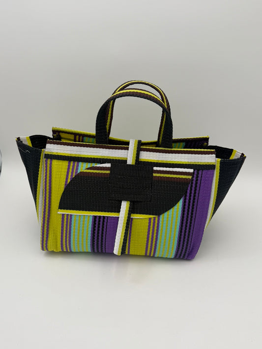 Lavender Large handwoven tote bag by SCRUBIES in Black,White,Yellow,Purple with Stripes design and Almond accent pattern