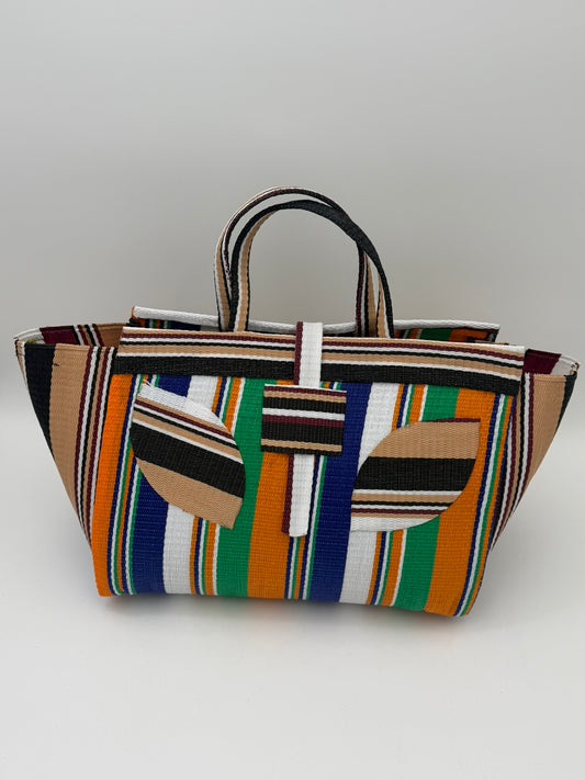 Citrus Large handwoven tote bag by SCRUBIES in Beige,Orange,Blue,White with Stripes design and Leaf accent pattern