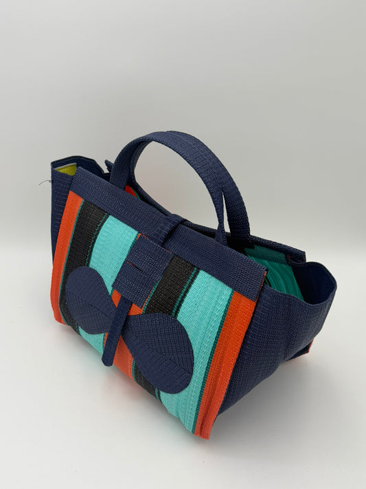 Teal Blocks Large handwoven tote bag by SCRUBIES in Teal,Orange,Black,Blue with Block design and Bow accent pattern