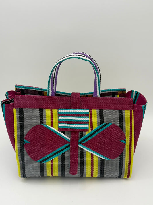 Carbon Large handwoven tote bag by SCRUBIES in Wine,Yellow,Grey,Teal with Stripes design and Bow accent pattern