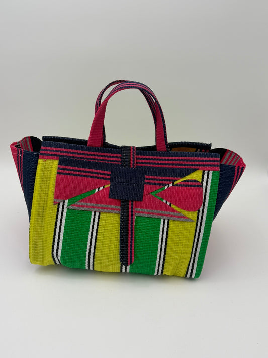 Sunshine Large handwoven tote bag by SCRUBIES in Yellow,Green,Pink,Blue with Stripes design and Abstract accent pattern