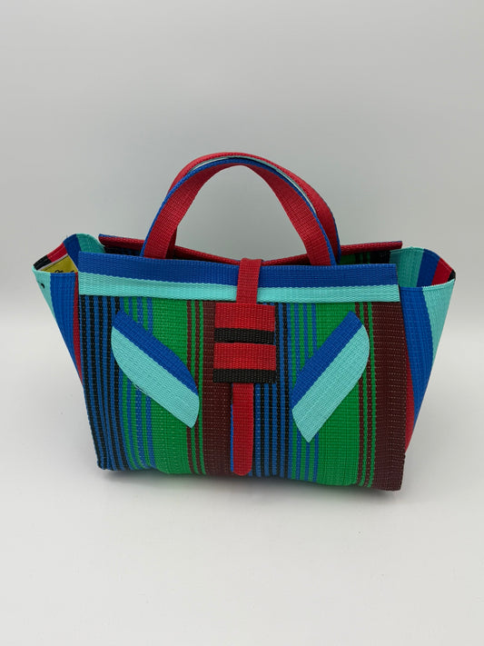 Emerald Large handwoven tote bag by SCRUBIES in Green,Red,Blue,Teal with Stripes design and Leaf accent pattern