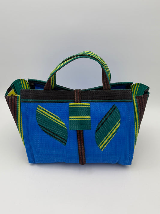 Lagoon Large handwoven tote bag by SCRUBIES in Blue,Green,Black,Brown with Solid design and Leaf accent pattern