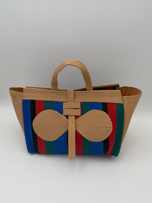 Red Blocks Large handwoven tote bag by SCRUBIES in Beige,Blue,Black,Red,Green with Block design and Bow accent pattern