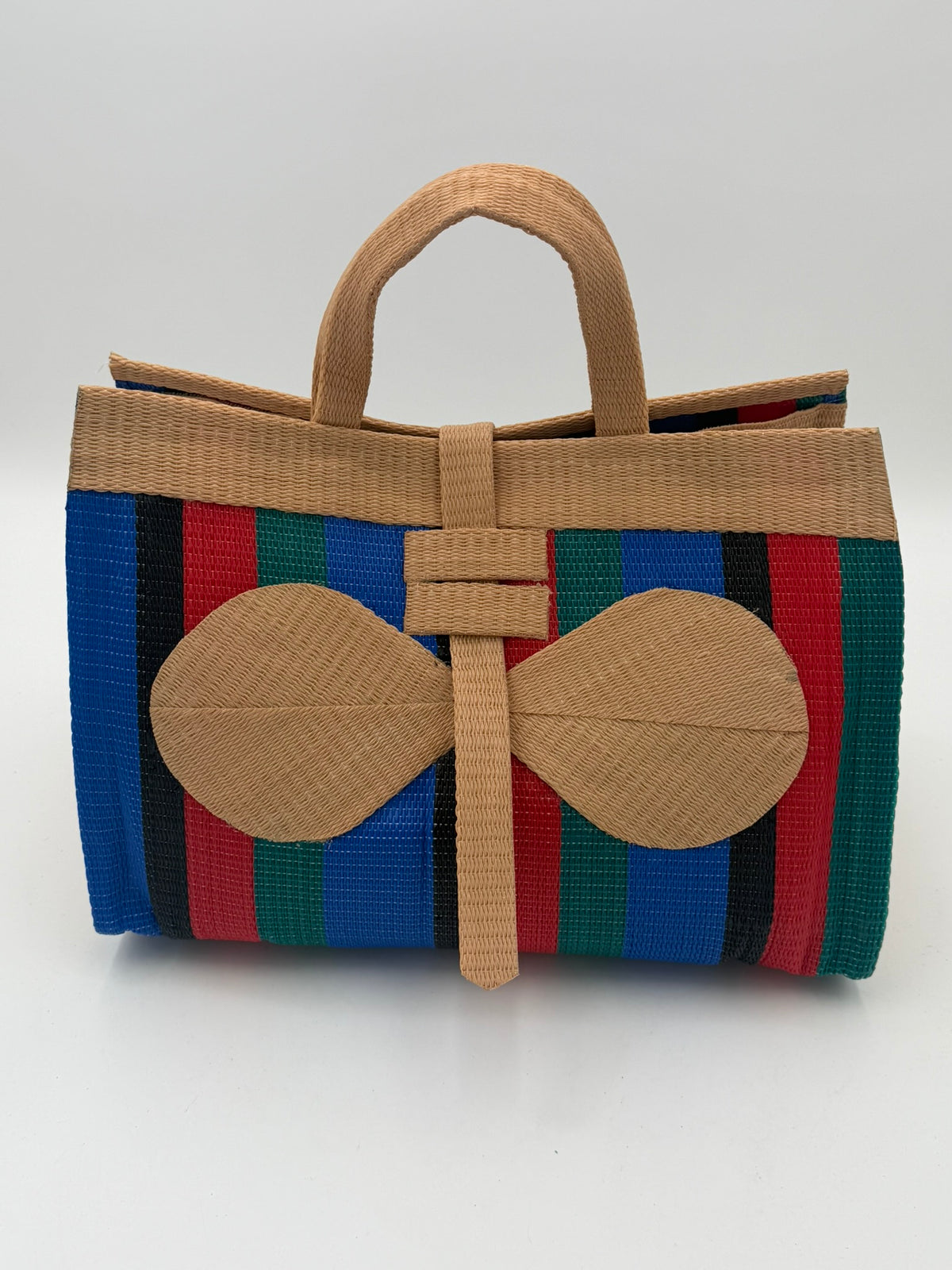 Red Blocks Large handwoven tote bag by SCRUBIES in Beige,Blue,Black,Red,Green with Block design and Bow accent pattern