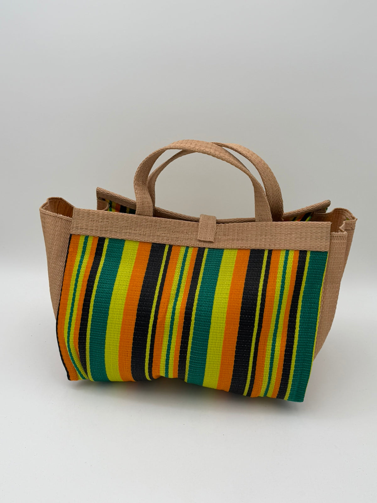 Sunshine Large handwoven tote bag by SCRUBIES in Beige,Yellow,Orange,Green,Black with Stripes design and Leaf accent pattern