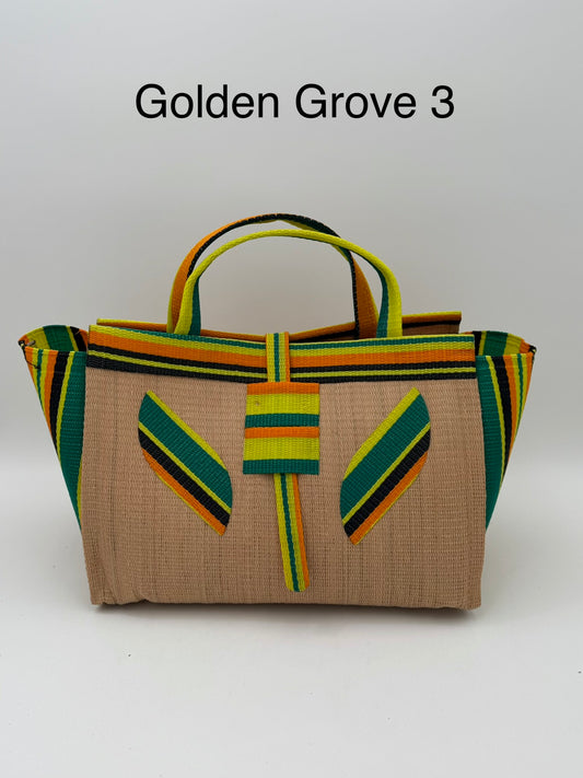 Sunshine Large handwoven tote bag by SCRUBIES in Beige,Yellow,Orange,Green,Black with Solid design and Leaf accent pattern