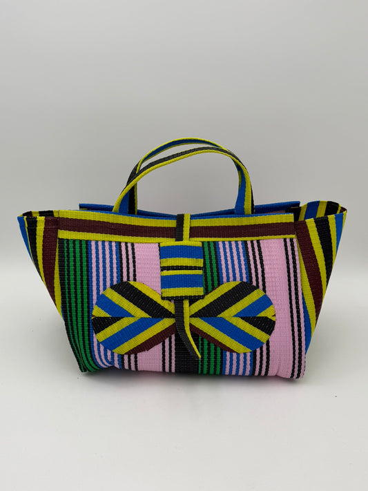 Candy Large handwoven tote bag by SCRUBIES in Pink,Green,Yellow,Brown,Blue with Stripes design and Bow accent pattern