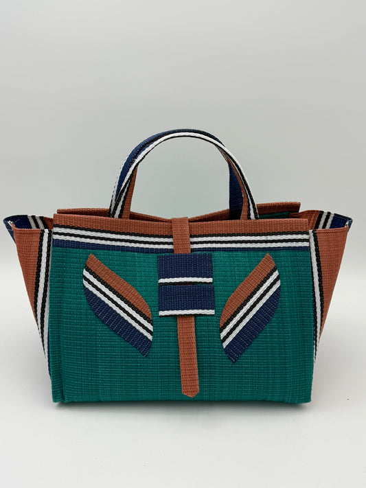 Emerald Large handwoven tote bag by SCRUBIES in Green,Brown,Blue,White with Solid design and Leaf accent pattern