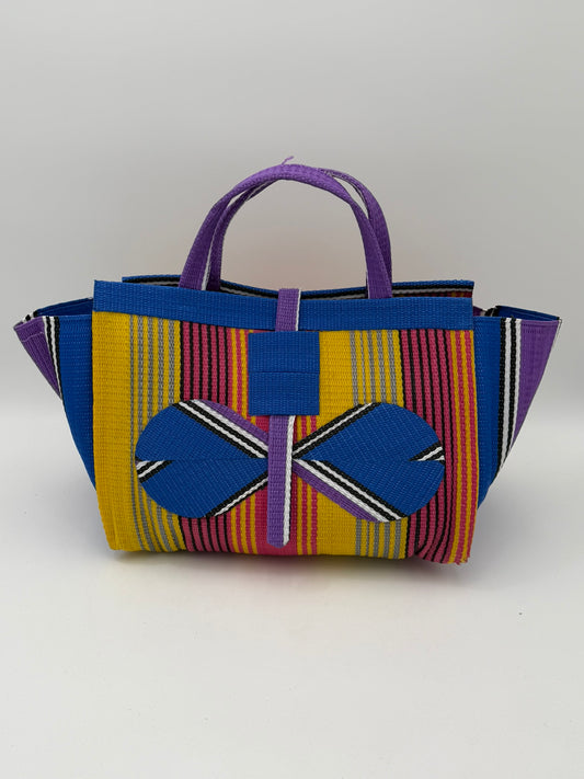 Citrus Large handwoven tote bag by SCRUBIES in Yellow,Blue,Purple,Pink with Stripes design and Bow accent pattern