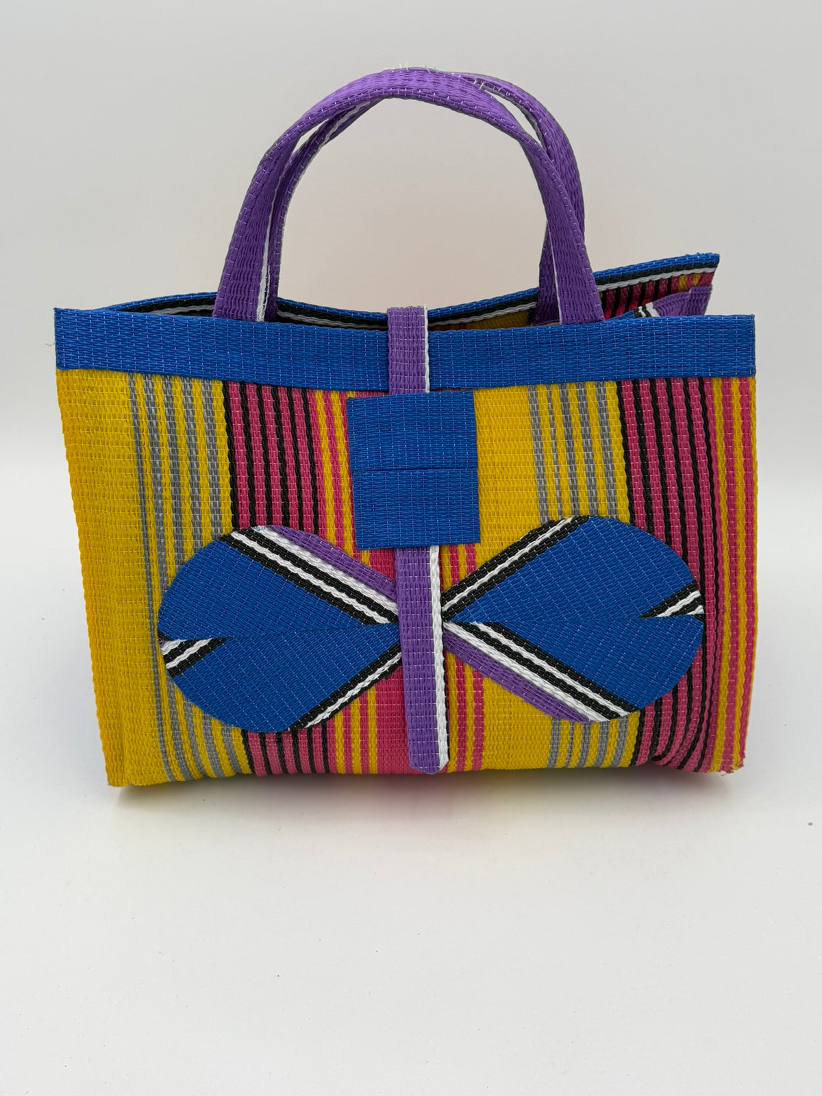 Citrus Large handwoven tote bag by SCRUBIES in Yellow,Blue,Purple,Pink with Stripes design and Bow accent pattern