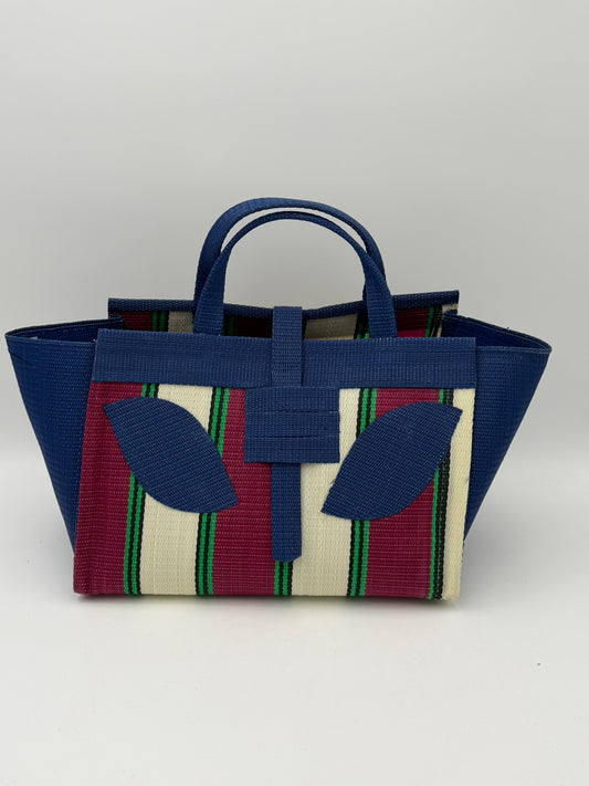Winery Large handwoven tote bag by SCRUBIES in Blue,Cream,Wine,Green, with Block design and Leaf accent pattern