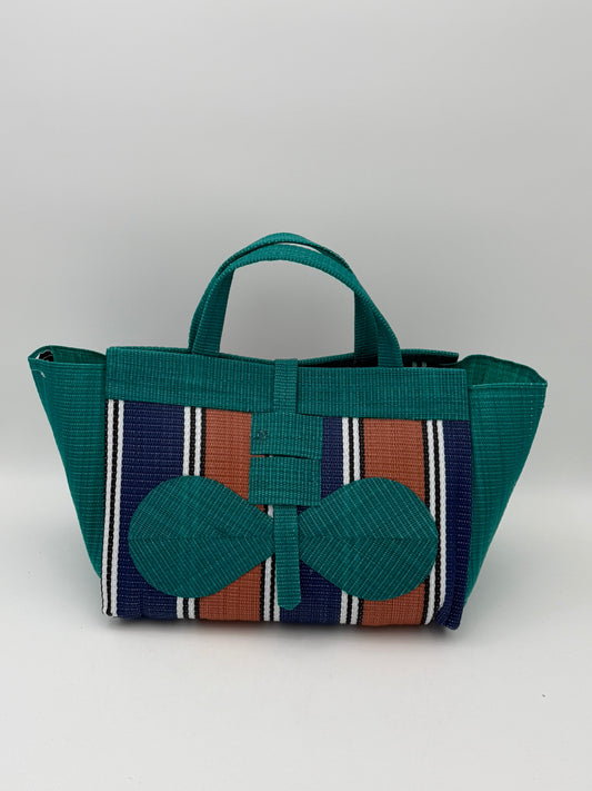 Emerald Large handwoven tote bag by SCRUBIES in Green,Blue,Brown,White with Stripes design and Bow accent pattern